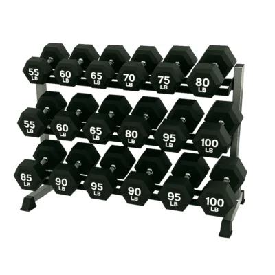 RACK CON 10 PARES DE MANCUERNAS HEXAGONALES (55 lbs - 100 lbs)