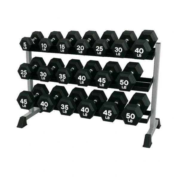 RACK CON 10 PARES DE MANCUERNAS HEXAGONALES (5 lbs -50 lbs)