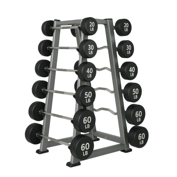 RACK CON 10 BARRAS DE PESO FIJO, 5 CURVAS Y 5 RECTAS 20-60 LBS