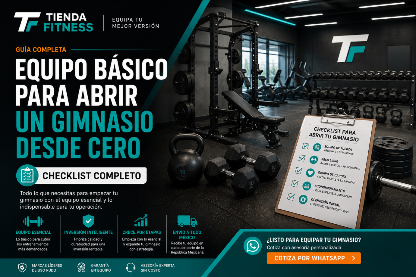 Equipo básico para abrir un gimnasio: máquinas, mancuernas y equipo de cardio
